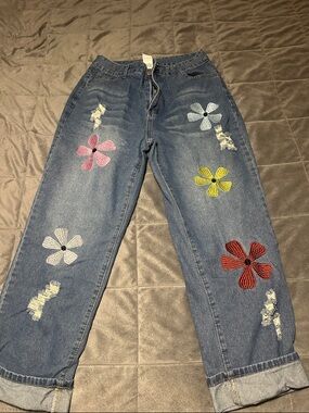 SHEIN Denim Ankle Jeans with Multicolor Floral Embroidery.  Size 30. High waist.